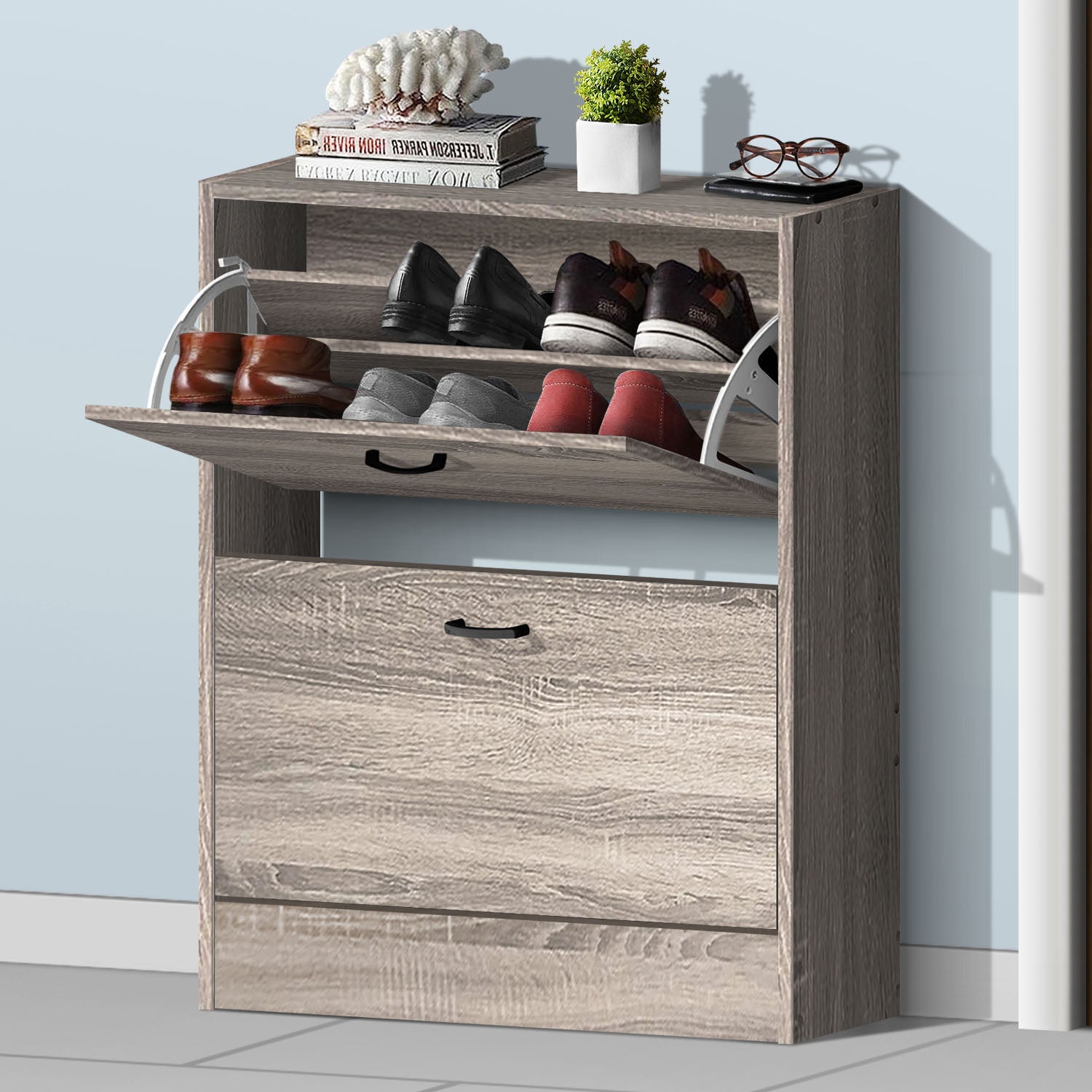 Akavee (6022) Wooden 2-Flip Down Shoe Rack, Dark Brown